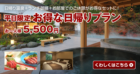 日帰り温泉＋ランチ御膳＋お部屋でのご休憩がお得なセットに！平日限定 お得な 日帰りプランお一人様 5,500円
