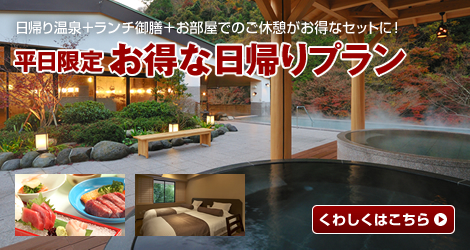 日帰り温泉＋ランチ御膳＋お部屋でのご休憩がお得なセットに！平日限定 お得な 日帰りプラン