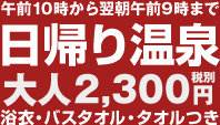 午前10時から翌朝午前9時まで 日帰り温泉大人2,400円浴衣・バスタオル・タオル付
